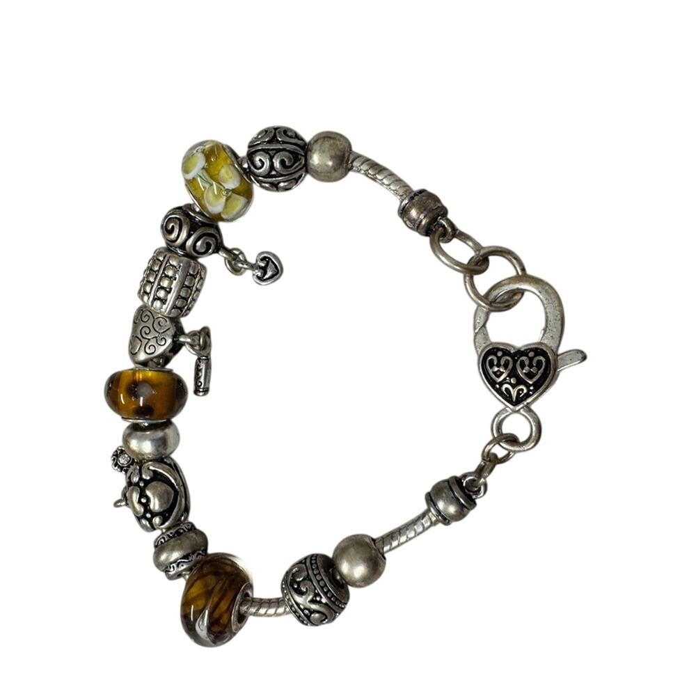 Silver Tone Yellow Brown Charm Bracelet Womens Jewelry Hearts Scrolls
